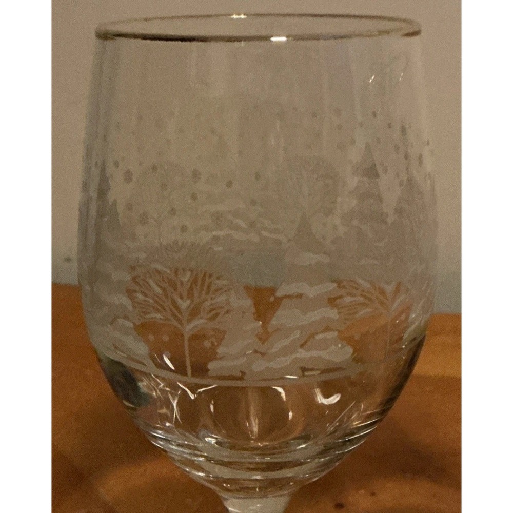 Libbey Winter Scene Set Of 3 Wine Water Glasses Frosted Trees Gold Rims - Picture 4 of 9